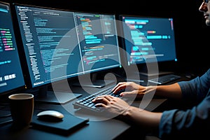Focused software developer coding on computer with dual monitors