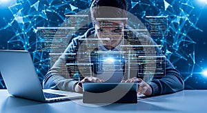 Focused software developer coding with laptop and tablet with data screens