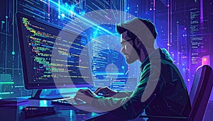 Software Developer Coding on Computer with Complex Code on Screen in Futuristic Neon Lit Workspace