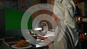 Focused student looking mockup computer home closeup. Housewife checking notes