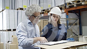 Focused supervisor and female employee talking in warehouse.