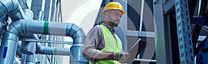 focused technician in safety vest holding