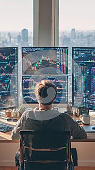 Focused Trader Analyzing Stock Market Data on Multiple Computer Screens