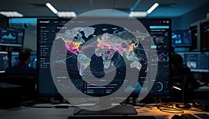 Focused view of advanced predictive routing algorithms on a central monitor at an AIoptimized dispatch hub with blurred