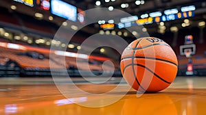 Focused View Of A Basketball Resting On A Court With Blurred Arena And Seats In The Background. Generative AI photo