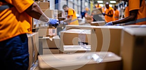 Focused View of Cardboard Boxes on Shelves in Warehouse with Workers in Reflective Vests Operating in the Blurred Background