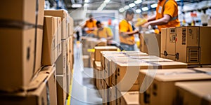 Focused View of Cardboard Boxes on Shelves in Warehouse with Workers in Reflective Vests Operating in the Blurred Background