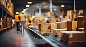 Focused View of Cardboard Boxes on Shelves in Warehouse with Workers in Reflective Vests Operating in the Blurred Background