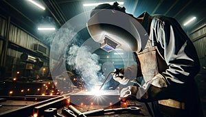 A focused welder in protective gear is skillfully welding metal, with sparks flying and smoke .