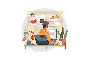 Focused Woman Analyzing Data at Her Desk. Vector illustration design