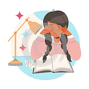 Focused Woman Character Learning Sitting at Desk with Open Book Trying to Remember Vector Illustration photo