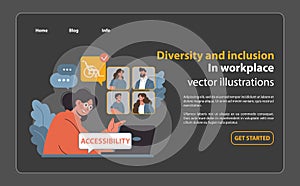 Focused woman at computer emphasizing accessibility. Flat vector illustration