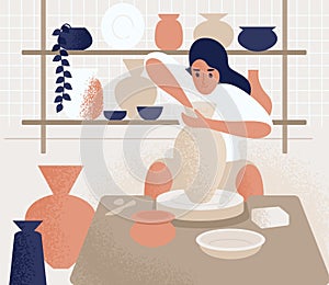 Focused woman making pot on potter`s wheel vector flat illustration. Ceramist female at pottery workshop or courses photo
