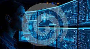 Woman Analyzing Data on Multiple Screens