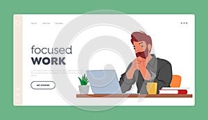 Focused Work Landing Page Template. Frustrated Man Character Staring At Laptop Screen With A Displeased Expression