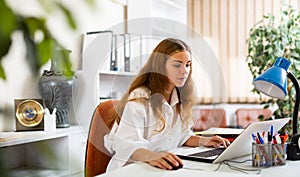 Focused young business woman working at office desk