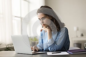 Focused young freelance professional girl engaged in business process