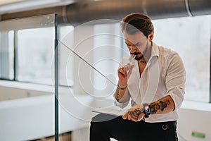 A focused young man with tattoos is deep in thought, holding a pen and notebook in a bright contemporary office setting.