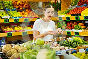 Focused young woman shopper chooses watermelon radish at grocery supermarket