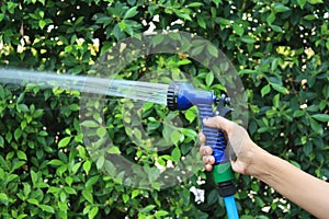 Focussed on the hand of a woman holding a tree sprinkler