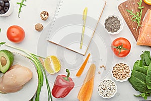 Fodmap Mediterranean diet with copy space, mockup notepad in center. Healthy low fodmap ingredients - vegetables, fruits