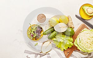 Fodmap Mediterranean diet flat lay. Healthy low fodmap ingredients - vegetables, fruits, greens, flax seeds.