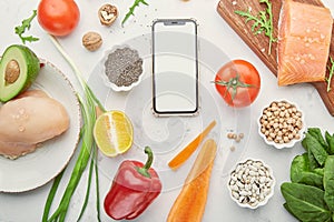 Fodmap, Mediterranean, Paleo diet concept with screen mobile mockup. Healthy low fodmap ingredients - vegetables, fruits