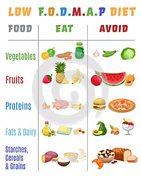 Low FODMAP diet. Vertical poster. Editable vector illustration photo
