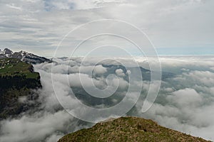 Fog in the Appenzell area seen from the top of the mount hoher Kasten in Switzerland