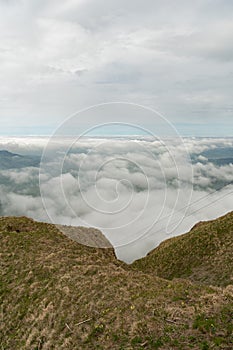 Fog in the Appenzell area seen from the top of the mount hoher Kasten in Switzerland