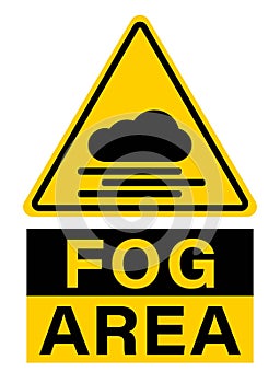 Fog area, triangle warning sign with symbol and text