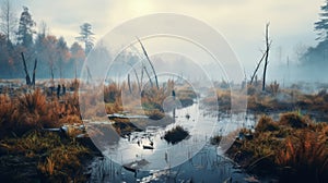 Eerily Realistic Duckcore: Beautiful Autumn Wetland With Fog In Cryengine photo