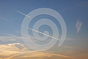 Fog or cloud cluster formed by an airplane in the sky, cloud clusters formed by planes flying in the sky