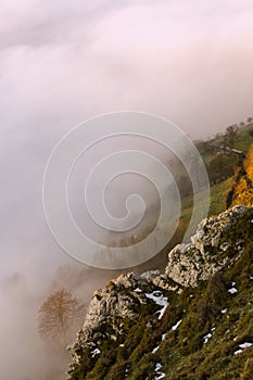 Fog and cloud mountain valley landscape. Monsacro mountain, Asturias, Spain