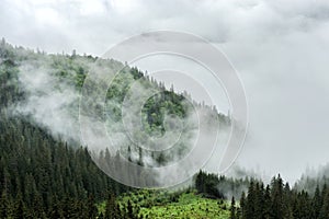 Fog and cloud mountain valley landscape