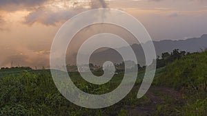 Fog and cloud mountain valley landscape