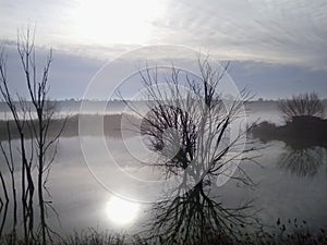 Fog, clouds and sun over the lake of Ivars and Vilasana, Lerida