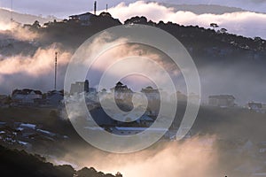 The fog cover Dalat plateau lands, Vietnam, background with magic of the dense fog and sun rays, sunshine at dawn part 10