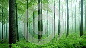 a fog-covered forest with tall trees and dense