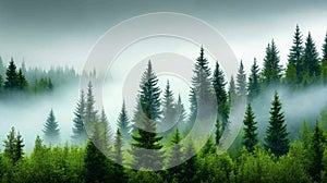 a fog-covered forest with tall trees and dense