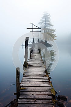 Fog enveloped lake with rustic wooden walkway