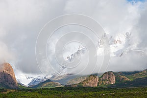 Fog Fitz Roy path rises, el Chalten, patagonia