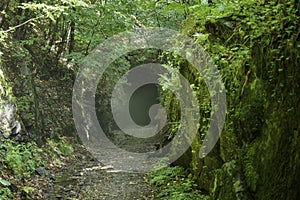 Fog in front of never used railway tunnel