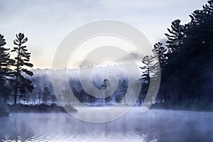 Fog on the lake on a cold morning