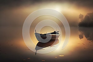 Fog on lake, a lonely boat near the shore at evening sunset.