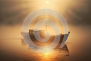 Fog on lake, a lonely boat near the shore at evening sunset.