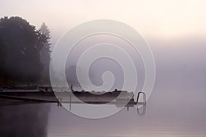 Fog lake trees moorage photo