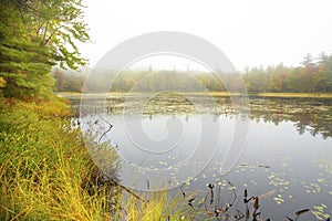 Fog and mist over Morey Pond in Wilmot, New Hampshire