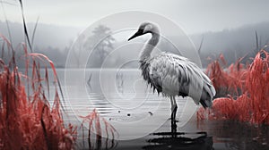 fog morning on the lake with crane