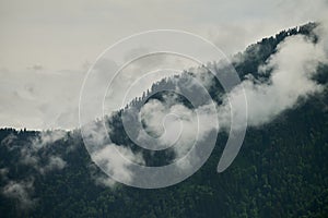 Fog in the mountain valley. Morning fog over the lake in the Altai mountains.